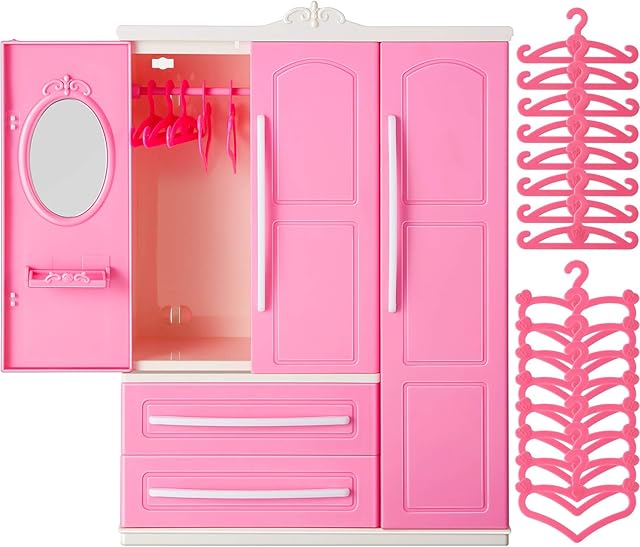 The Doll Closet Furniture Wardrobe Clothing Organizer Doll Open Wardrobe Dollhouse Closet with 20 Pieces Hangers 2 Style Pink Plastic Hangers Dollhouse Furniture Accessories(Classic Style)