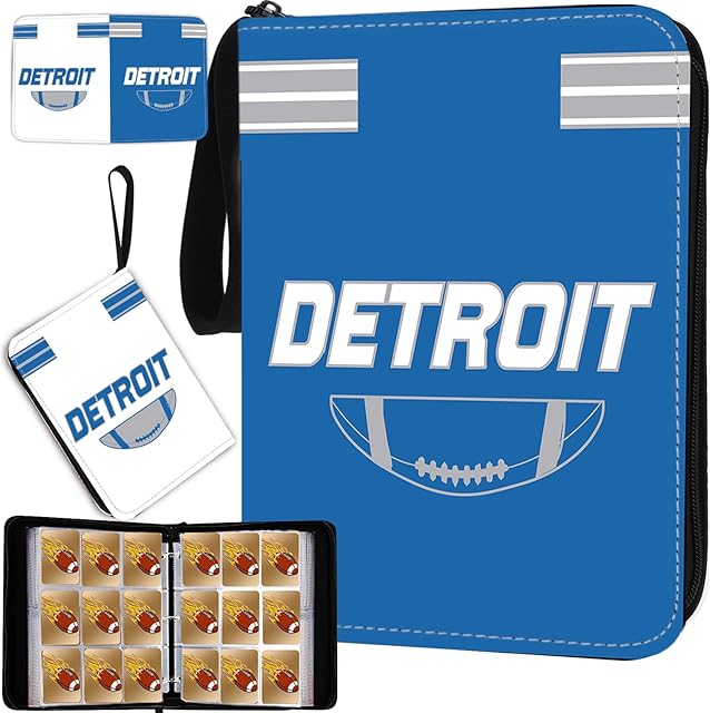 The Football Card Binder with Sleeves 900 Pocket, Detroit Football Card Holder for Trading Cards Sports Card 3 Ring Binder Folder Collector Album Storage Book Case Kids Boys Girls Gift