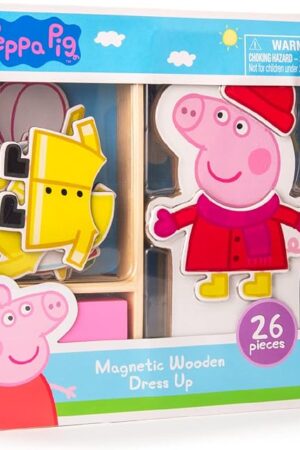 The Peppa Pig Magnetic Wood Dress Up Doll. Includes 26 Colorful Magnetic Wood Pieces and Wooden Storage Box. Encourages Creative Play with Mix and Match Fun for Preschoolers and Kids Ages 3 and over.