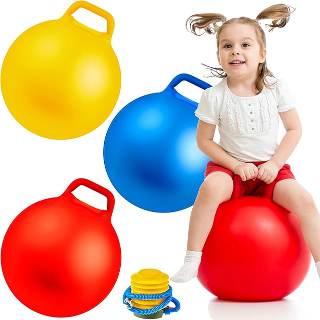 The Lewtemi 3 Pcs 18 Inch Hopper Ball Large Jumping Bouncy Balls with Handles Kids Round Ball with Air Pump Bouncing Balls Hopping Toys for 6 Years Old and Above Children Boy Girl(Yellow, Blue, Red)