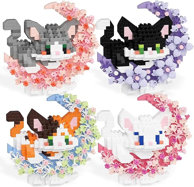 The 4 in 1 Mini Cat Building Block Set Animals with Flower and Moon, 1819 Pieces Micro Brick Toy Cats, Creative Art Craft and Home Decor, Birthday Gifts Idea for Kids Adults Boys Girls 8+