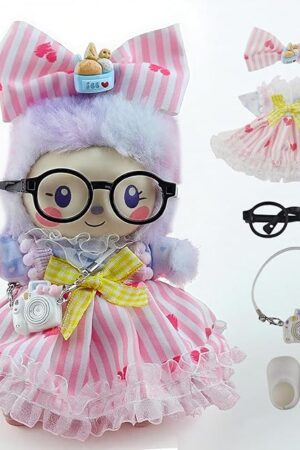 The Pink Clothes for 5-17cm Doll Skirt Designer for Girls, Doll Clothing Set for Labubu(NO Doll) with Pink Striped Fashion Cute Dress, Bow, Glasses, Camera Necklace and Shoes, 5-Piece Accessories
