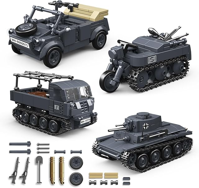 The 4 IN 1 WW2 Army Tanks Toy Building Block Set(1089 Pcs),Compatible with Lego,Create German 38T-A Light Tank&3 German Style Small Military Vehicles Models Great Military Toy Gift for Boy Age 6+ Year Old