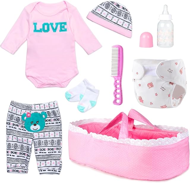 The Reborn Baby Doll Clothes Girl Pink Outfits Accesories for 17-22 Inch Reborn Doll Newborn Baby Girl Accesories 8 Pcs Set with Bassinet&Diaper