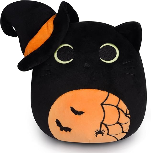 The Desdfcer Black Cat Plush, 8inch Halloween Plush Cat Pillow with Spider Web Bat, Cute Halloween Stuffed Animals Kitten Doll Toys for Kids, Gift for Boys and Girls
