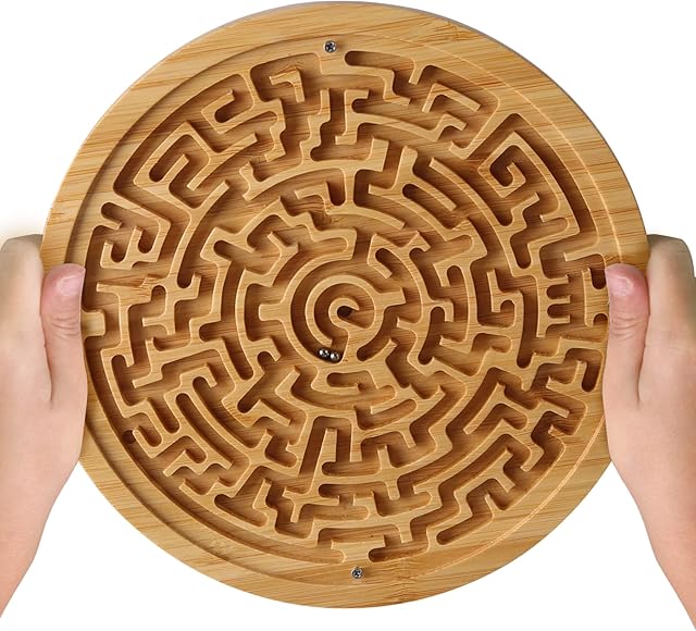 The Round Wooden Labyrinth Board Game - Marble Maze for Education and Fun, Toddler Activity Board, Brain Teaser Puzzle Logic Game with Two Metal Balls for Kids, Adults, Teens, Boys, and Girls