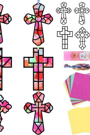 The Qyeahkj 36 Pcs Sunday School Cross Suncatchers Craft Kits VBS 2025 Religious Tissue Paper Window Art Craft DIY Christian Jesus DIY Art for School Easter Resurrection Projects Activities Gifts for Kids