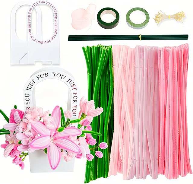 The 400 Pcs Pipe Cleaners Craft for DIY Flower Making Kit with Floral Wires, Gardening Tape, Stamen & Ribbon (Pink)