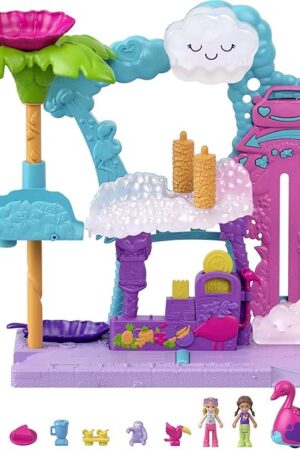 The Polly Pocket Playset, Pollyville Flamingo Fun Car Wash with 2 Micro Dolls, Toy Car, Water Play & Color-Change Accessories