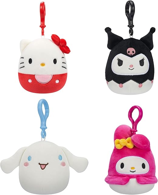 The Squishmallows Original Sanrio 3.5-Inch Cinnamoroll, Hello Kitty, Kuromi, + My Melody 4-Pack – Official Jazwares Plush (Clips)