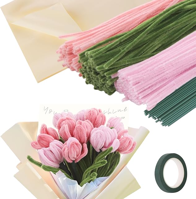The 300 Pieces Pipe Cleaners Flower Kit, Green Pink Pipe Cleaners Crafts Bulk for DIY Tulip Bouquet, 11.8 inch Chenille Stems Flower Making Kit with Floral Tape and Stems, Creative Gift