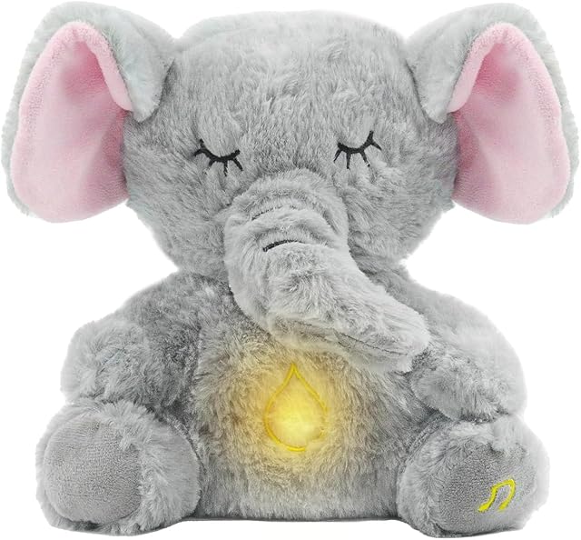 The Anxiety Stuffed Animal, Breathing Stuffed Animal, Plush Sleep Buddy with Music Light (Gray Elephant)