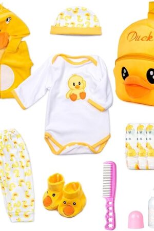 The Reborn Baby Doll Clothes Yellow Duck Outfit for 16-18 Inch Baby Doll Diaper Reusable Accessories 12 Pcs Set Backpack for Boys & Girls