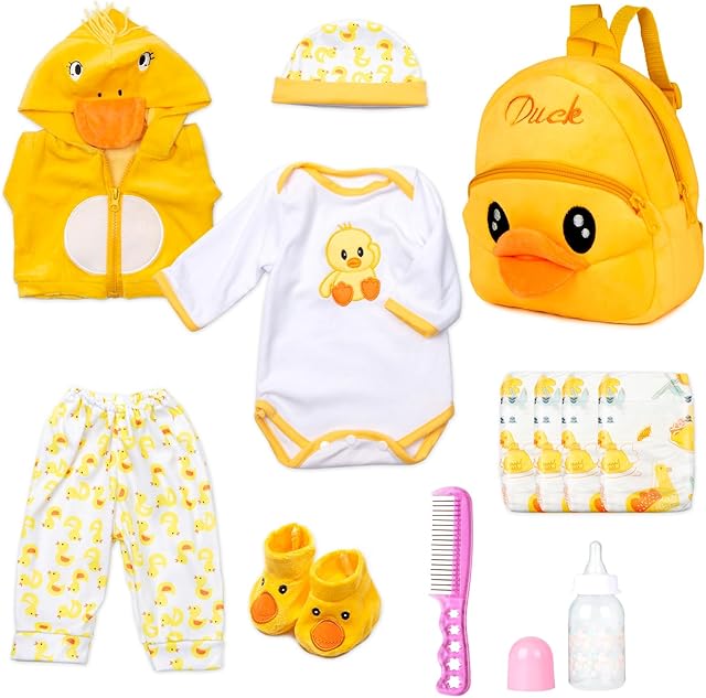 The PEDOLLTREE 12pcs Set Reborn Baby Dolls Clothes Accessories with Backpack Diaper Yellow Duck for 17-22 Inch Baby Doll Reborn Doll Newborn Girl&Boy