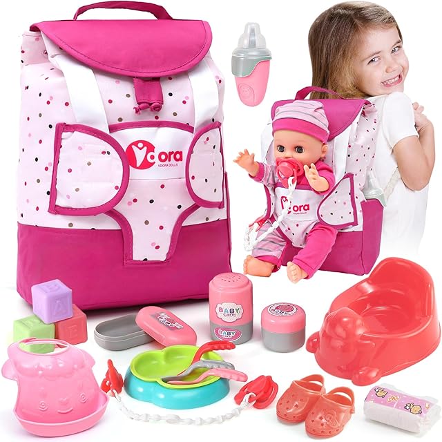 The Baby Doll Accessories Playset, Baby Doll Care Toys with Changing Bag Backpack Feeding Set Doll Nappies Bottle Bath, Birthday Toys for Kids Girls (Doll Not Included)