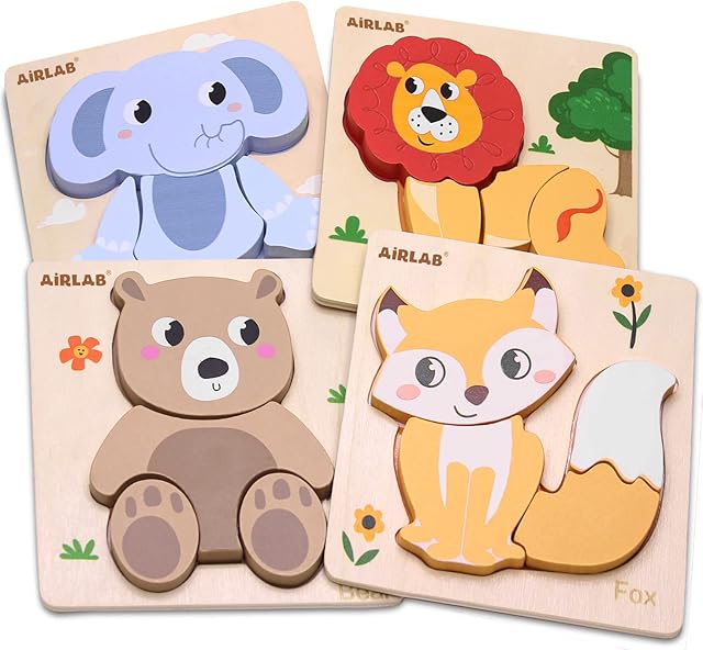 The Wooden Puzzles for Toddlers 1 2 3 Year Old Animals Shape Puzzle Toys for Travel Airplane Gift for Kids Montessori Early Development Gifts for Baby Boys Girls with Drawstring Bag Pack of 4