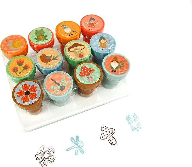 The TINYMILLS 12 Pcs Garden Fairies Mushroom Gnomes Stamp Kit for Kids - Gnomes Garden Fairies Tea Party Self Inking Stamps Gift Party Favors