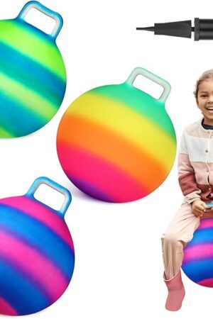 The Poen 3 Pcs 18 Inch Hopper Inflatable Bouncy Ball with Handle Hippity Hop PVC Jumping Hopping Ball with 1 Air Pump for Kids Toddler Boys Girls Gifts Games(Multicolor)