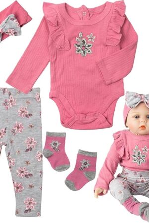 The Reborn Dolls Baby Clothes Pink Outfits Fit 22''-24'' Reborn Baby Dolls Toddler Girl 4 Pieces Doll Clothing Set