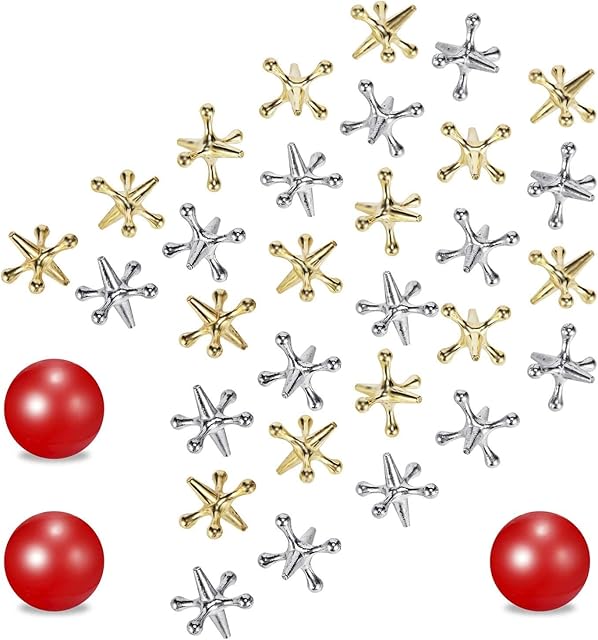 The Legigo 3 Sets Retro Metal Jacks and Ball Game Toys Kit,Include 3 Pieces Red Rubber Balls and 30 Pieces Gold and Silver Metal Jacks for Kids and Adults,Classic Game of Jacks for Party Favor