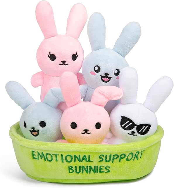 The WHAT DO YOU MEME? Emotional Support Bunnies by Relatable, Cuddly Stuffed Animals and Toys, Squishy Toys and Plushies, Great Ideas for Loved Ones of All Ages, Includes 5 Plushies with Carrying Basket