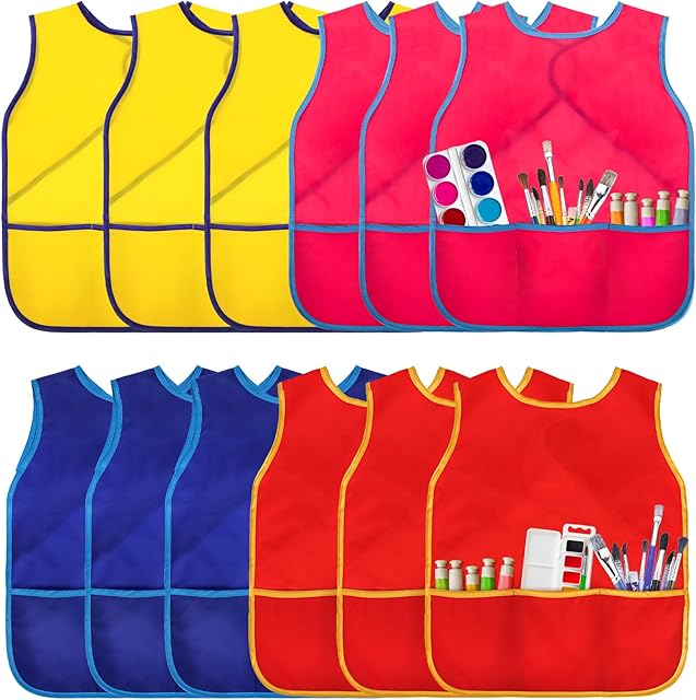 The DEAYOU 12 Pack Kids Art Smock, Waterproof Children Artist Painting Apron with 3 Pockets, Sleeveless Paint Smock for Child Age 3-8 Years, Cooking, Baking, Craft, Classroom, Kitchen, 4 Colors