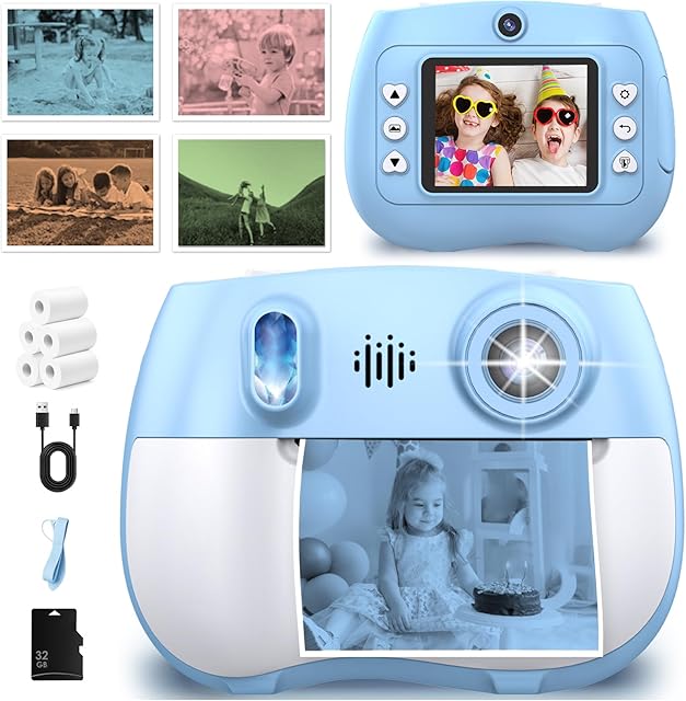 The Kids Camera Instant Print 1080P Front Rear Dual Selfie - Kids Digital Camera with Video Games, 32GB & 5-Color Print Paper/ 250 Photos,Easy to Use & Great Toys Gifts for Boys Girls, Ages 3-12