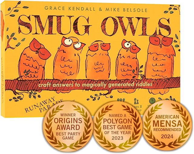 The Runaway Parade Games Smug Owls Card Game - an Award-Winning Hilarious & Creative Riddle-Solving Party Game for Kids and Adults | Fun for The Whole Family | 8+ | 15-20 min | 3-15 Players