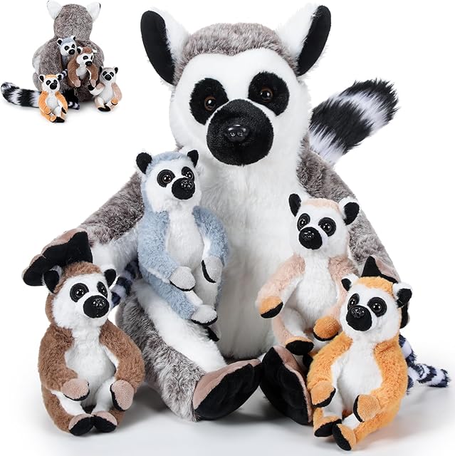The 5 Pcs Lemur Stuffed Animal Set Mommy Lemur Plush with 4 Cute Babies in Her Tummy Soft Cuddly Plush Toys for Boys Girls Birthday Gifts Baby Shower Woodland Party Decor