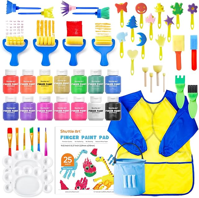The Shuttle Art Washable Kids Paint Set - 53 Pack with 14 Colors (60ml), Brushes, Finger Paint Pad, Sponge, Palette, Smock, Non-Toxic for Toddlers