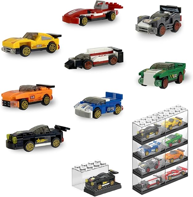 The EKIND Small Particle Mini Max Speed Race Car Building Blocks Set, Small Brick Cars Model Toys with Transparent Display Box,Sliding Cartoon Vehicle Building Kit (8 Pcs Different Max Speed Race Car)