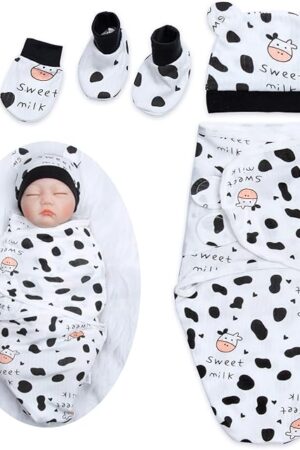 The Reborn Baby Dolls Clothes Swaddle Blanket for 17-22 Inches Reborn Dolls Girl/Boy Fake Baby Clothes Accessories Cute Cow 4 Pieces of Pack