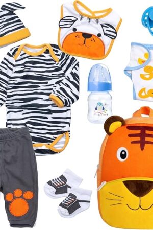 The Reborn Baby Dolls Clothes Boy Outfit Accessories Cute Tiger 9 Pcs Set for 17-22 Inch Reborn Doll Newborn Boy with Tiger Backpack