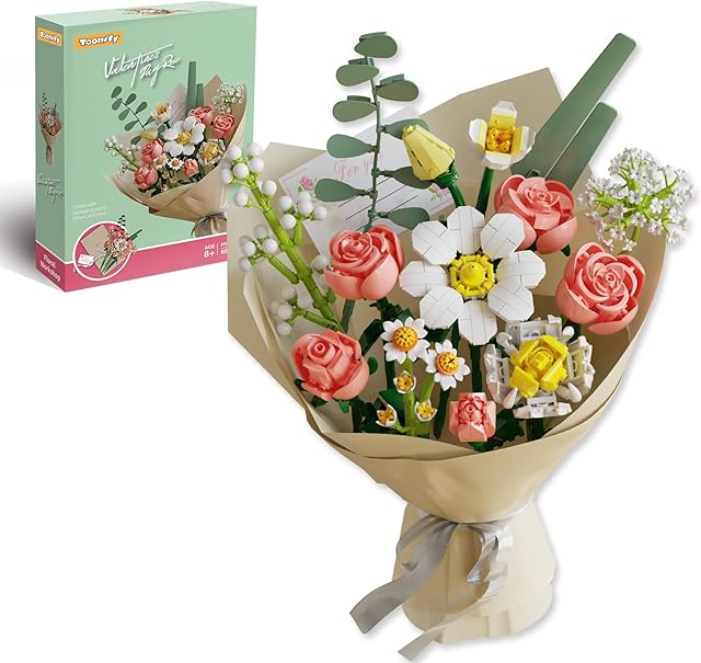 The Flowers Bouquet Building Sets with Packaging Paper and Ribbon, Roses Botanical Collection Building Block Toy for Adults and Kids, Home Office Decor Gift for Mother's Day - 864 PCS