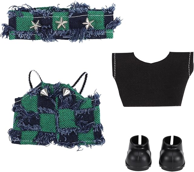 The 4 PCS Doll Clothes Set, Clothes Outfit Set for 15-17cm Dolls Accessories, Girls Stylish Adorable Dolls Clothes Accessories Include Hat and Dungarees (Green Checkered ),Top and Shoes (Black )(No Doll)