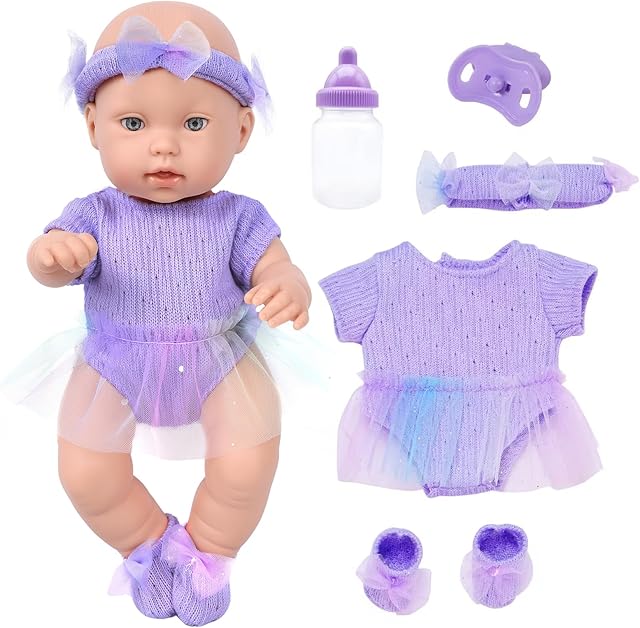 The 12" Purple Girls Baby Doll with Accessories and Clothes Playset,Newborn Alive Baby Dolls Feeding Care Set Include Bottle and Nipple Toy Stuffs for Baby Toddler Ages 3+