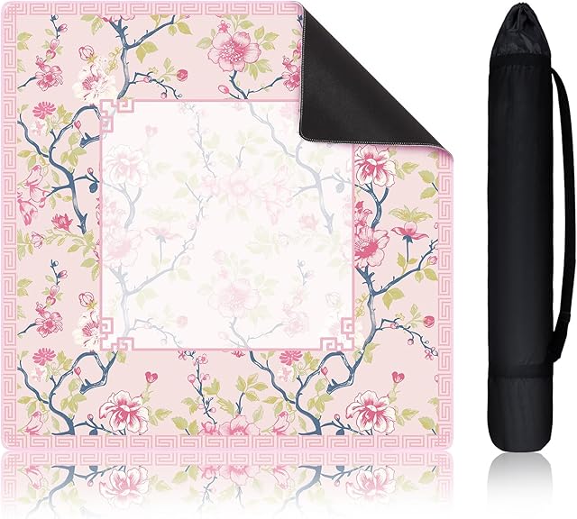 The 22 Inch Mini Chinoiserie Mahjong Mat for Travel Set Pink and White Floral Mahjong Mat Cute Small Domino Accessories Gifts Domino and Tile Game Table