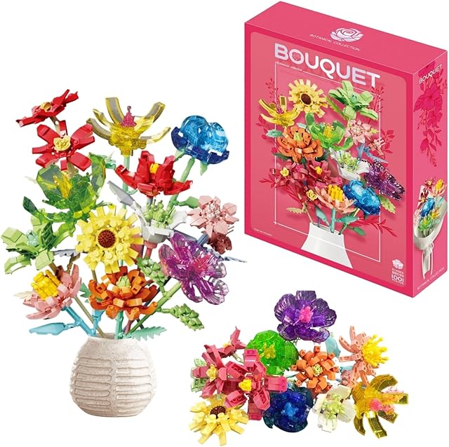 The Flowers Bouquet Building Block Toy Set,Flower Botanical Collection for Home Décor Plant Building Blocks Toy-1001pcs,Party Favors Gifts for Easter Birthday Adults Women Kids 6+