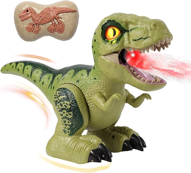 The Remote Control Dinosaur for Kids 3-5, 2.4GHz Walking Rechargeable Dinosaur Toy with with Spray & Light & 3 Sounds, 3D Eyes, Demo Mode, Realistic Jurassic Toy Christmas Birthday Gift