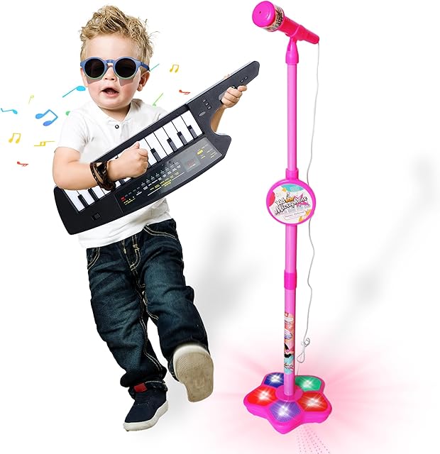 The Kids Karaoke Machine with Adjustable Microphone Stand for Kids Standing Mic,Flashing Light Base,Piano Keyboard 14 Keys,Portable Keyboard Keytar Birthday Gifts for Age 3-6 Boy Girls (Pink)