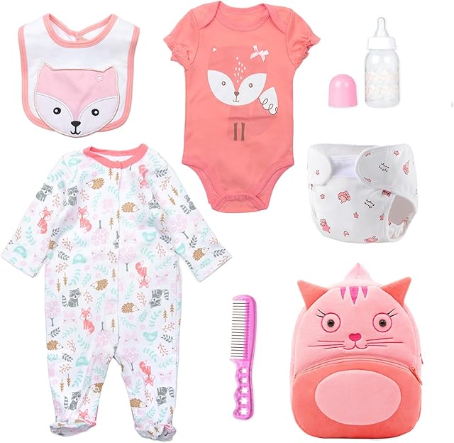 The 7 PCS Reborn Baby Doll Clothes Fox Accessories 22 inch Baby Doll Caring Set with Backpack Bottle Diaper for Girls,Doll Clothes fit 20-24 inch Reborn Dolls Toys Gift Fox Set