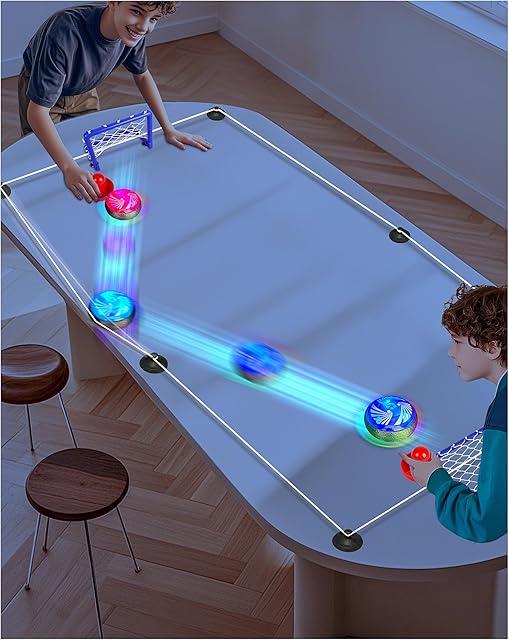 The Adjustable Tabletop Air Hockey Game – Battery-Free Fun with Flexible Boundaries! Hover Puck Set with 2 Pushers, 2 Mini Goals & Elastic Ropes – Indoor/Outdoor Hockey Toy for Kids & Families