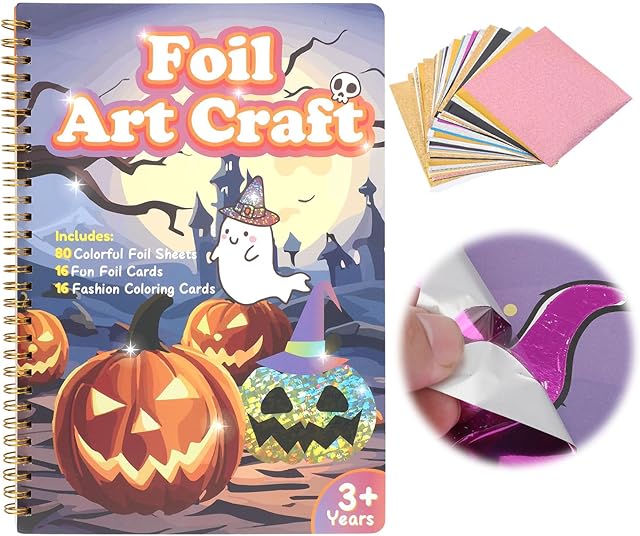 The NQEUEPN Halloween Foil Art Craft, Colorful Foil Fun Sheet Creative DIY Halloween Art & Craft Kit Halloween Foil Art-Book Halloween Activity Supplies for Kids