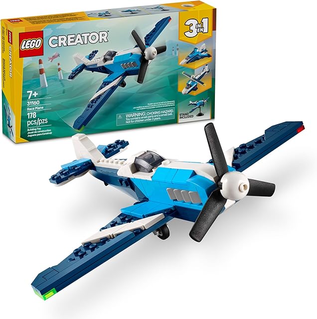 The LEGO Creator 3 in 1 Aircraft Race Plane Toy - Building Toy with 3 Building Options, Airplane, Fighter Jet, or Helicopter - Gift Idea for Kids, Boys and Girls, Ages 7+ - 31160