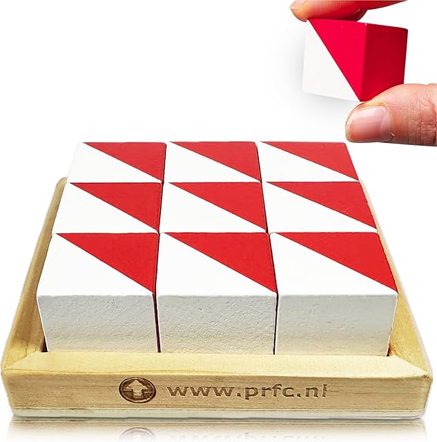 The PrfcNL IQ Test Blocks - 9 wooden cubes in white and red with 60 patterns and mobile app, ideal for WISC, WAIS, WPPSI prep,educational STEM Montessori gift toy for All Ages Challenge