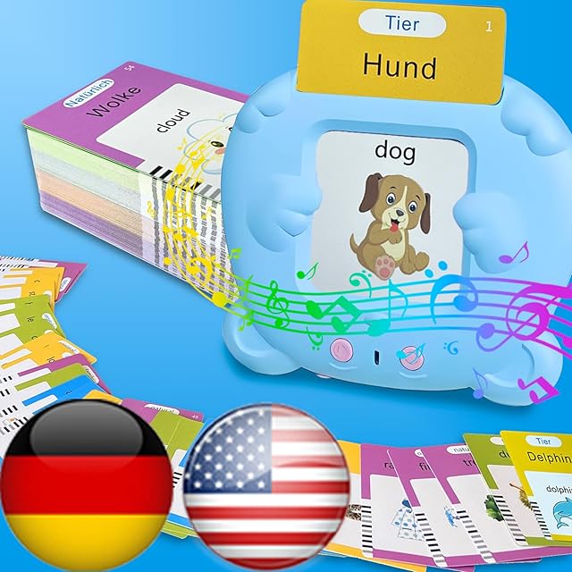 The Bilingual English German Flash Cards - Deutsch Talking Flash Cards for Kids, Pocket Speech for Toddlers 3-12, Educational Learning Toys, Audible Gift Play Cards, Autism Sensory Toys (Blue)