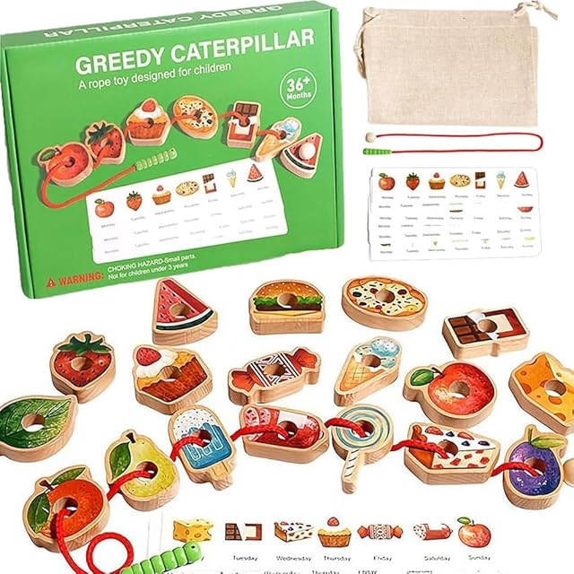 The Threading Toys,2025New Upgrade Wooden Greedy Caterpillar Ropeoy,Lacing Beads Wooden Fruit & Vegetable Toys with Rope,Montessori Fine Motor Skills Farm,Bag for 3+ Year Old