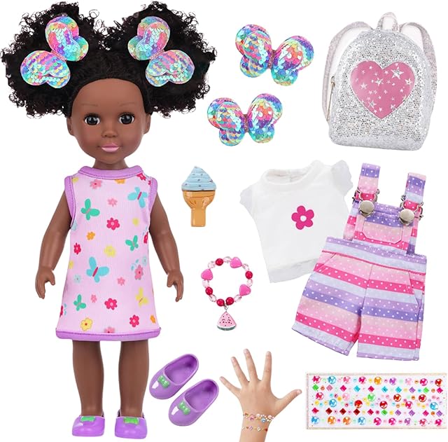 The ZQDOLL 14.5 inch Black Doll and Black Baby Doll Clothes and Accessories Set, African Baby Doll with 2 Sets Clothes Shoes Backpack Hairclip Bracelets Diamond Stickers etc- Best Gift for Girls