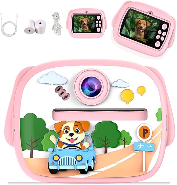 The Instant Print Camera for Kids, Children's Digital Portable Camera with Dual Cameras, Silicone Case Kids Camera for 3-8 Years Old, Cute Mini Toddler Toys, Support 8GB to 64GB TF Card (Pink)