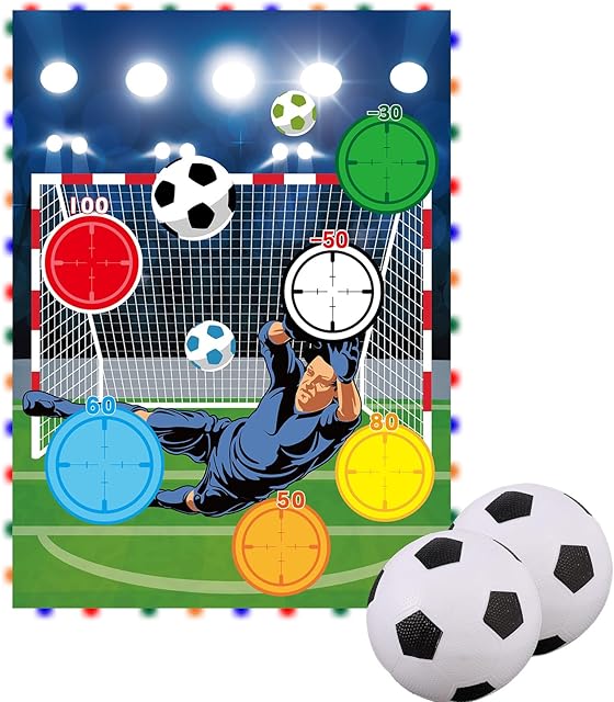 The Trampoline Soccer Game Set with Light Strip, Football Moving Kick Toss Goal Target Net with 2 Balls Kids Gifts Indoor Outdoor Sports Toy for 8/10/12/14FT Trampoline Game Accessories